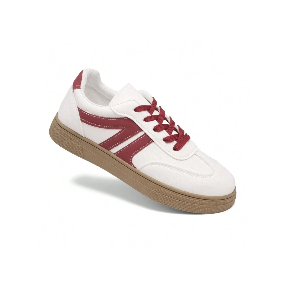 Women's US 8 White/Red Sneakers Casual Sporty Low Top Lace-Up Round Toe Shoes